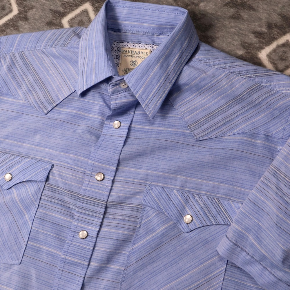 Panhandle Rough Stock Mens Small Blue Stripe Pearl Snap Western Shirt SS